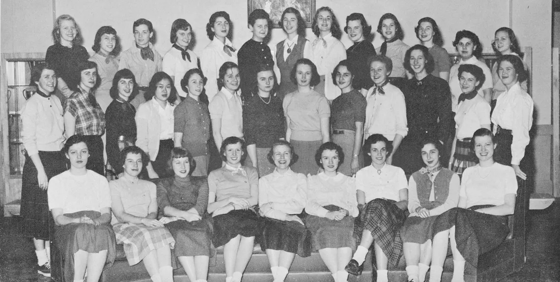 Group photo of Jane Perrin with other members of the Women's Student Government club.