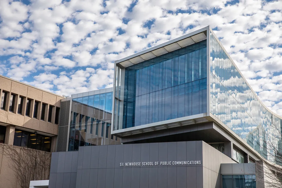 An exterior image of the S.I. Newhouse School of Public Communications at Syracuse University.