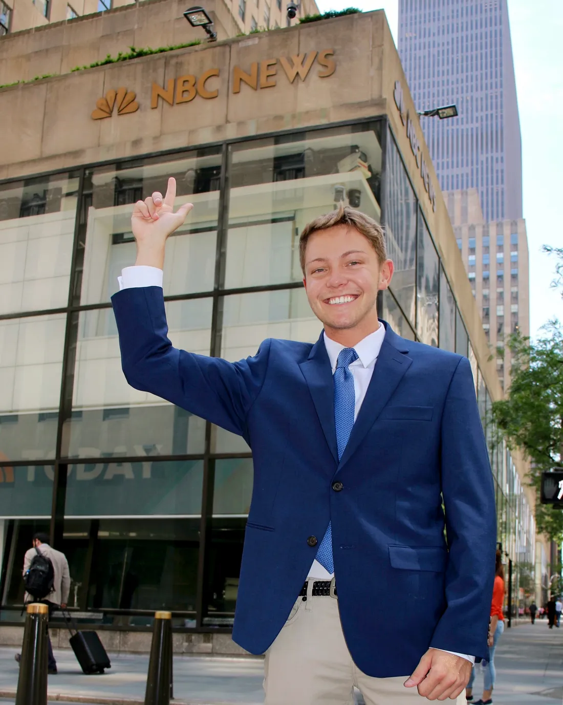 Daniel Wood poses in front of NBC News building in NYC where he participated in a summer internship