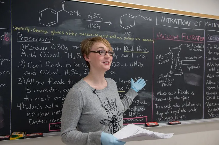 Science teacher in front of a chalkboard