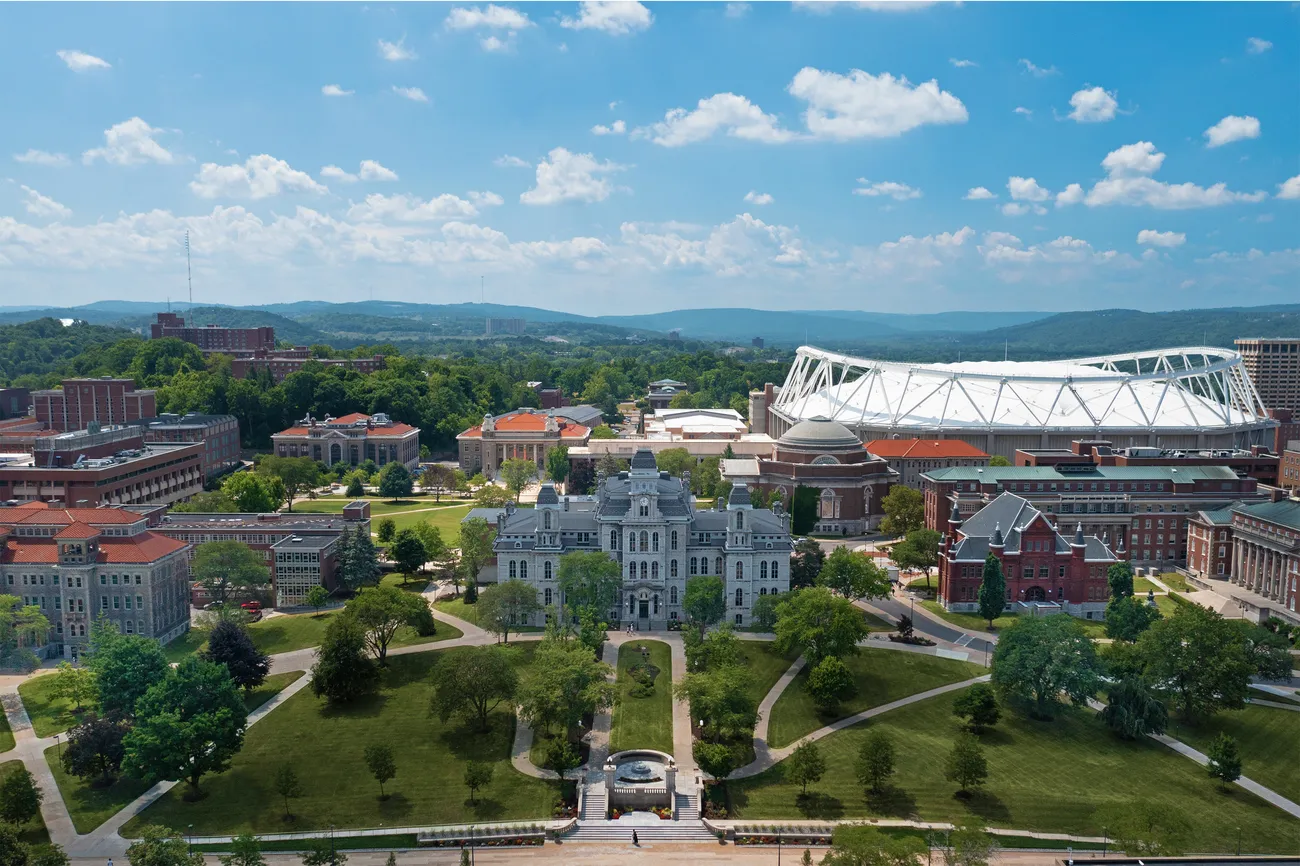 Drone shot of Syracuse University's campus.