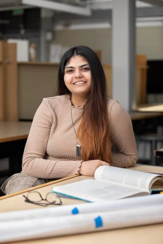 Architecture Major Khushee Chauhan works in a studio in Slocum Hall.
