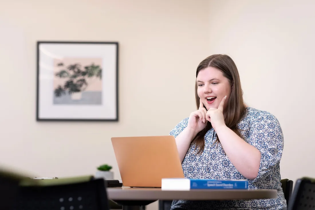 Violet Cabot practicing speech, language pathology techniques.