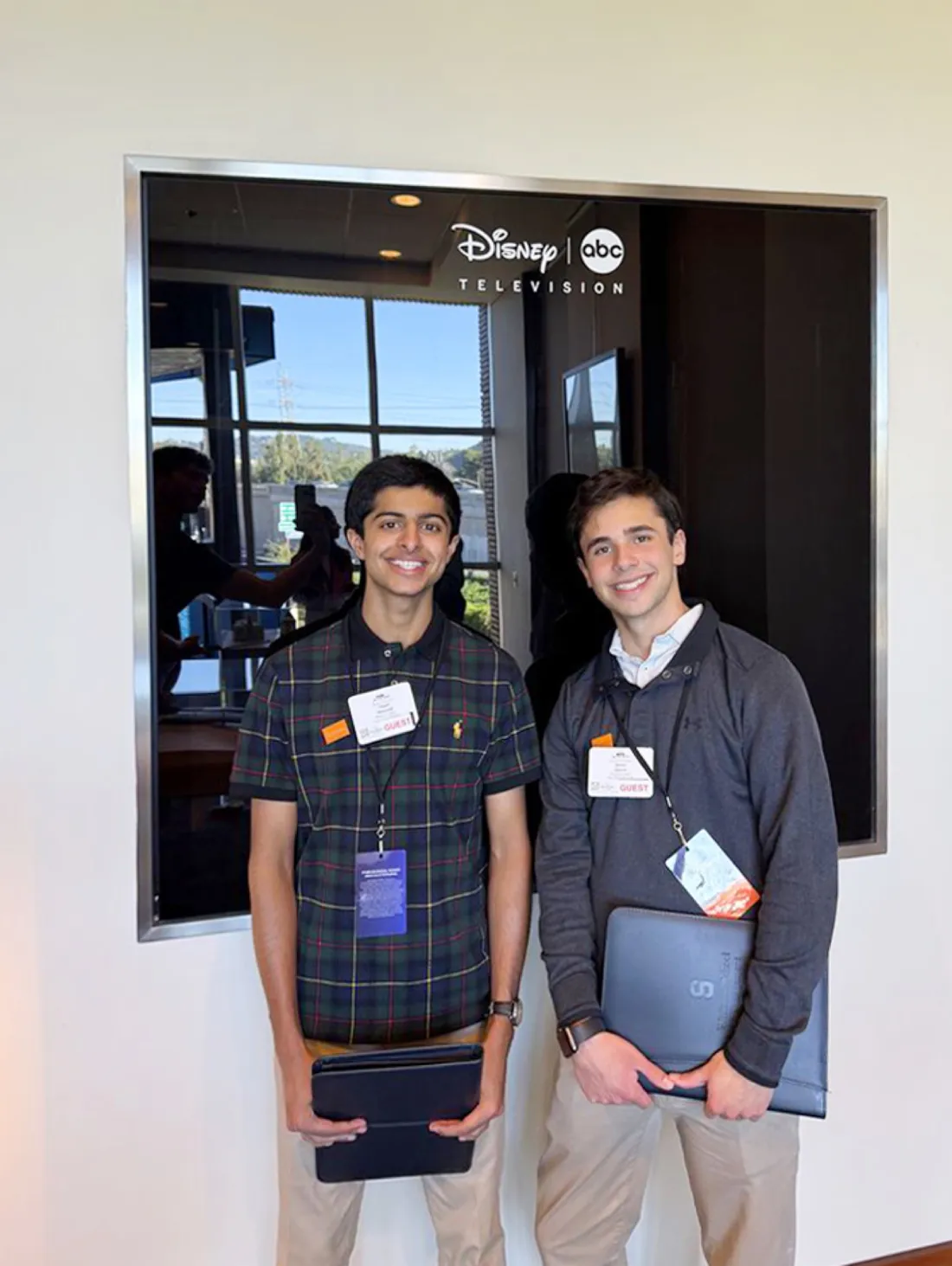 Jay Slaven '29 and another student standing inside of Disney Studios in Burbank, California.