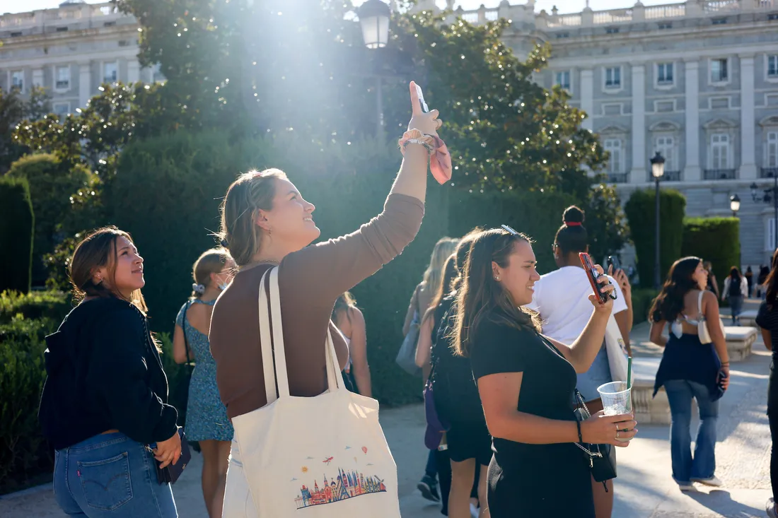 People on a walking tour in Madrid, Spain.