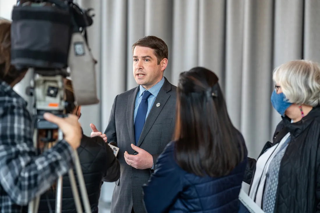 Mayor Ben Walsh talking to a camera.