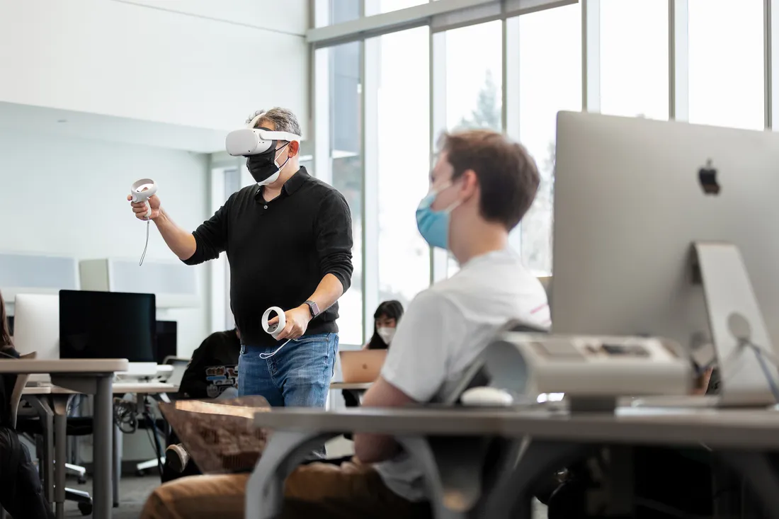 Professor Dan Pacheco in virtual reality world in an Oculus Quest 2.