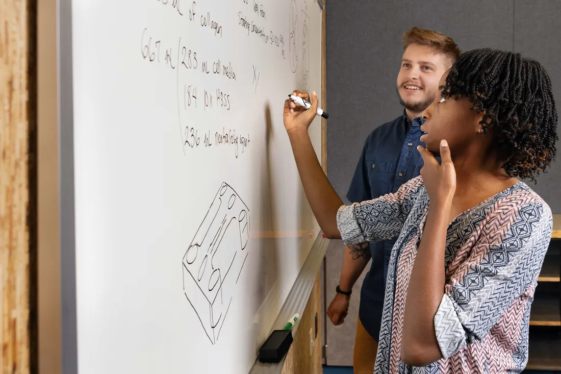 People writing on white board.