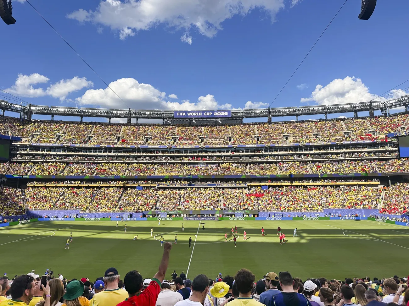 A soccer stadium filled with people.