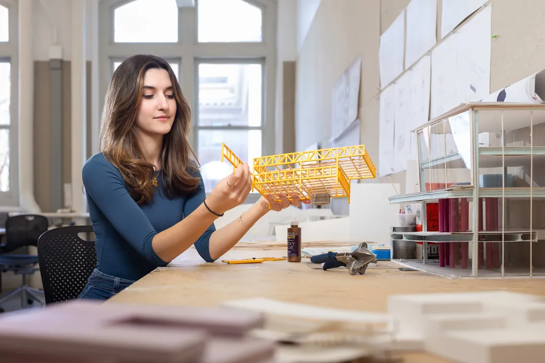 Architecture student Alexandra Panagiotareas working on a studio in Slocum Hall.