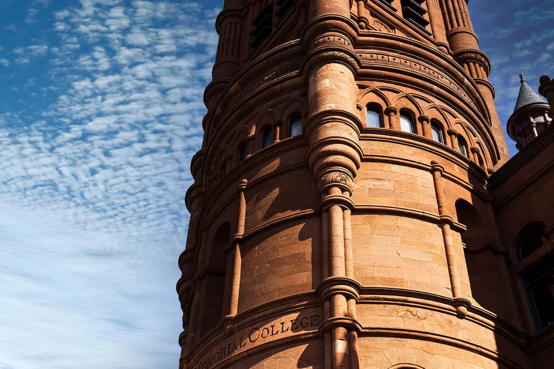 Closeup shot of the exterior of the Crouse College chimes tower.