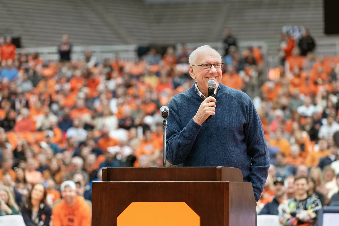 Jim Boeheim speaking to a crowd.