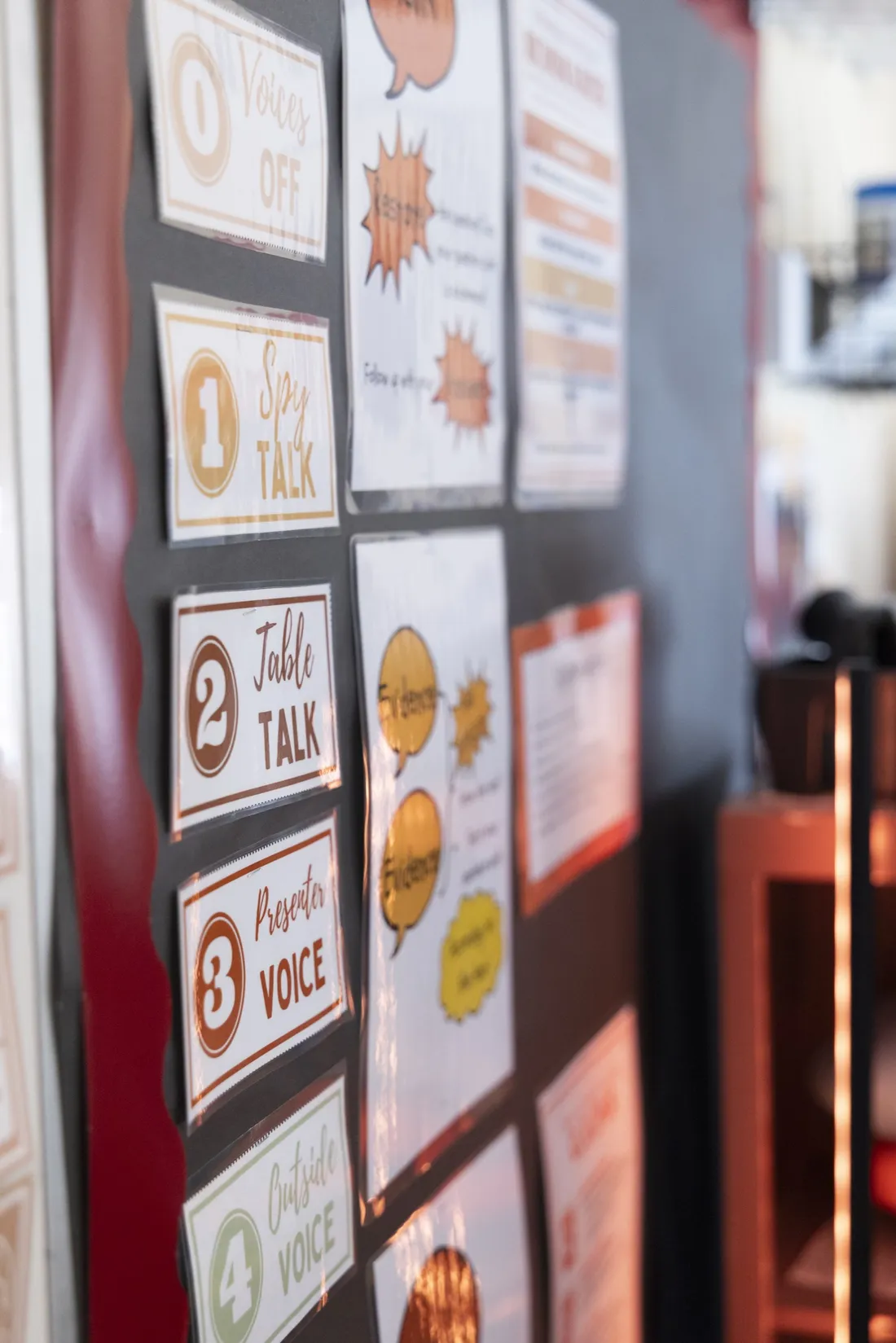Educational posters hanging on the wall of a classroom.