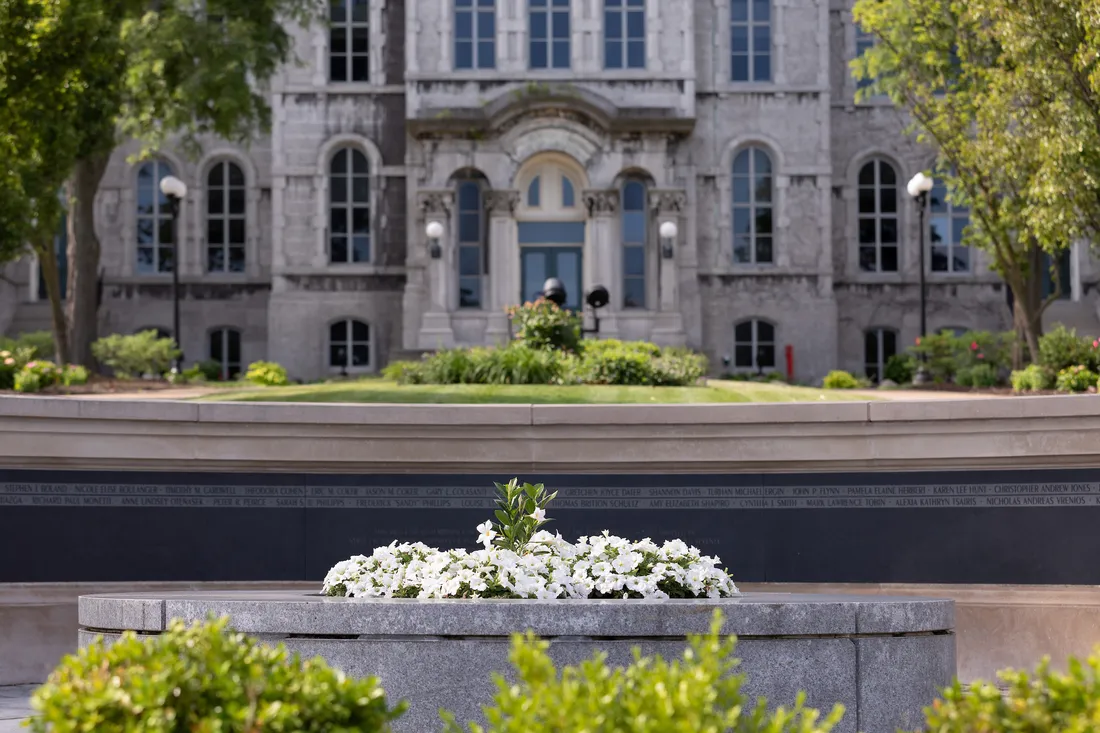 Campus in the spring with flowers.