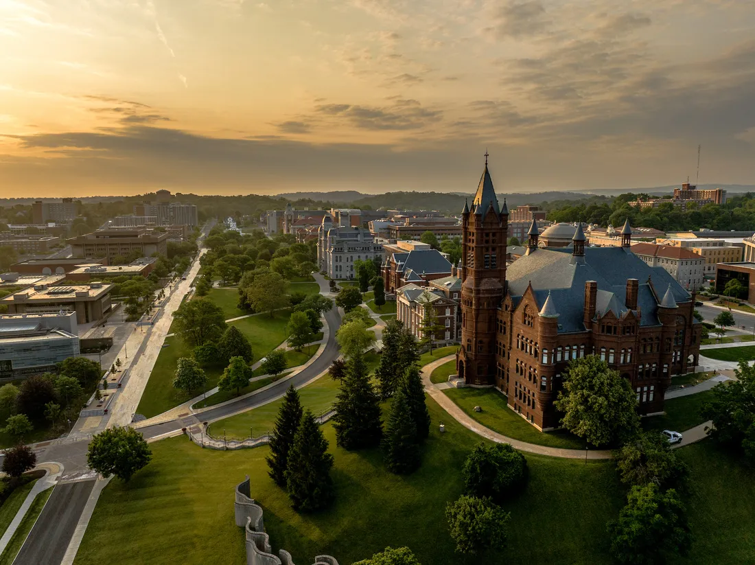 A drone image of campus.