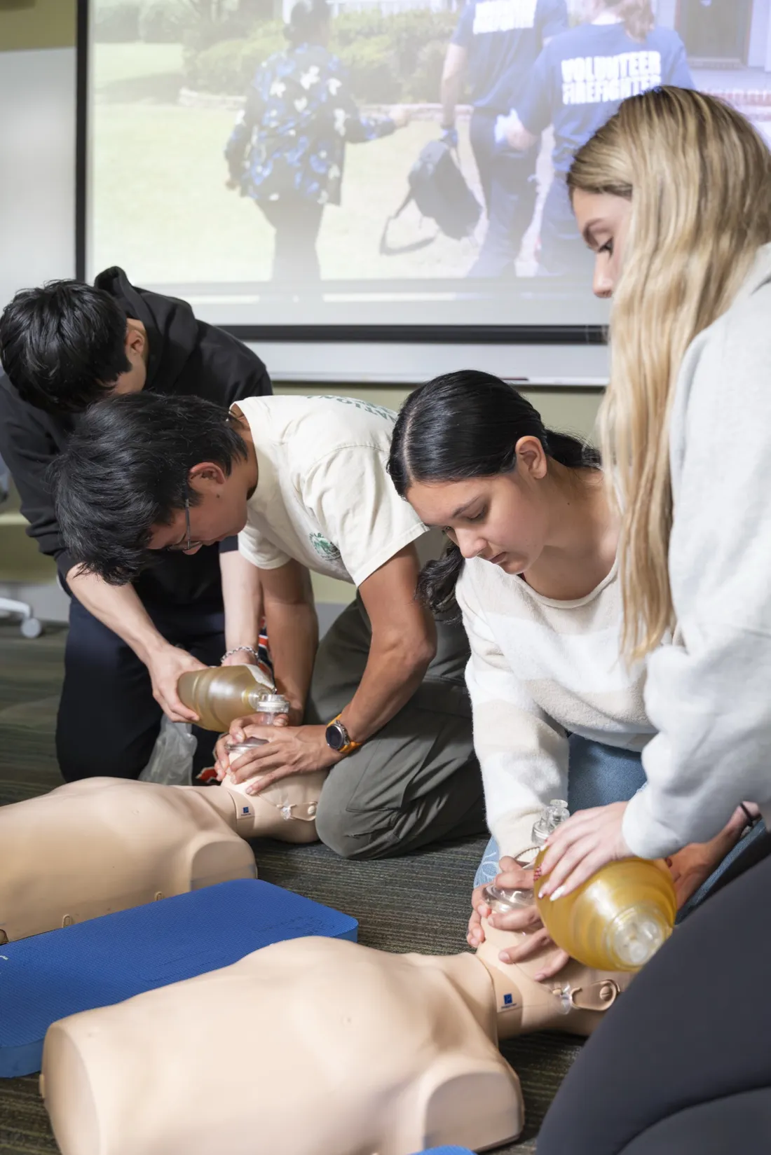 Four students practicing CPR on dummies.