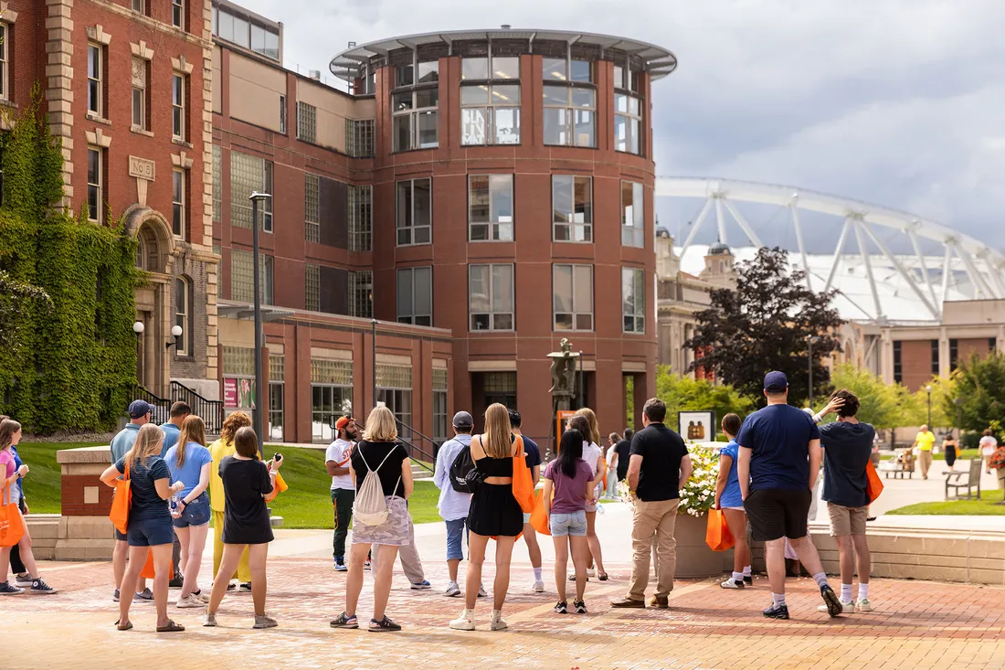 Students gather outside during Welcome Week.