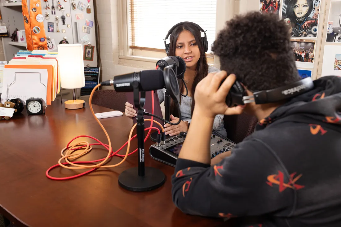 Samantha Vallejo in a podcasting studio.