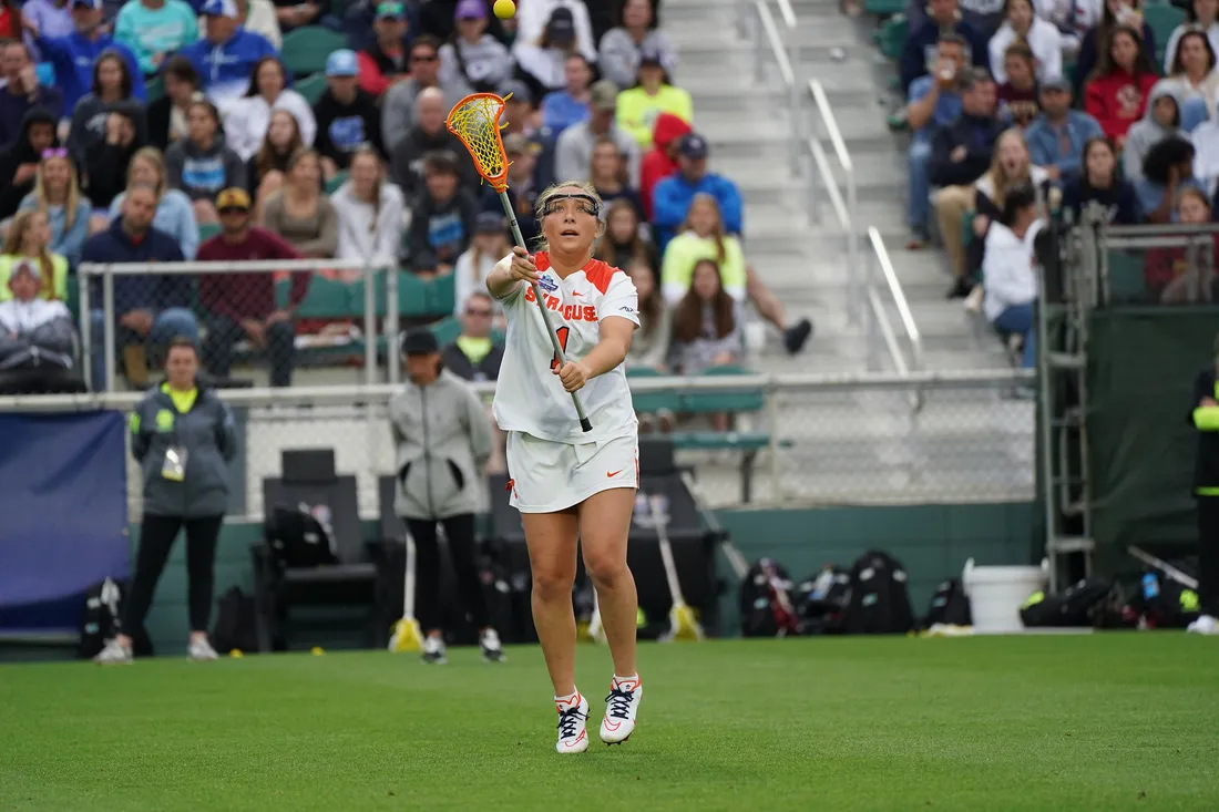 Player in lacrosse gear on the field.