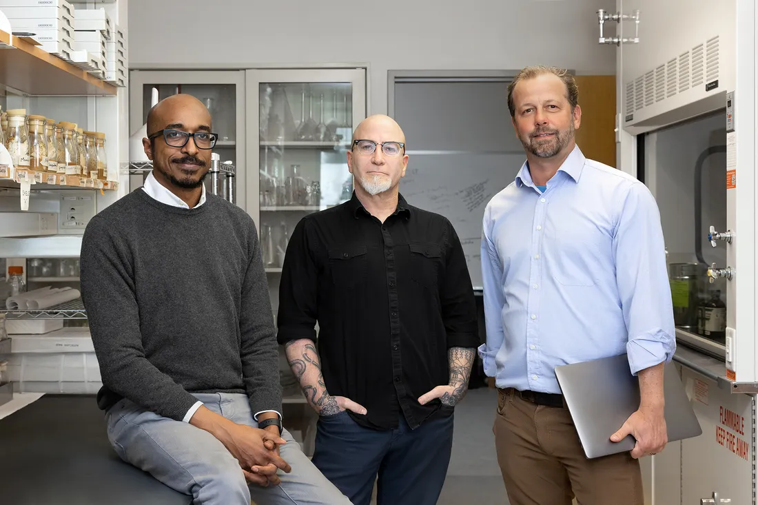 Professors Ahmed-Braimah, Pitnick, and Dorus in a lab in the Center for Reproductive Evolution.