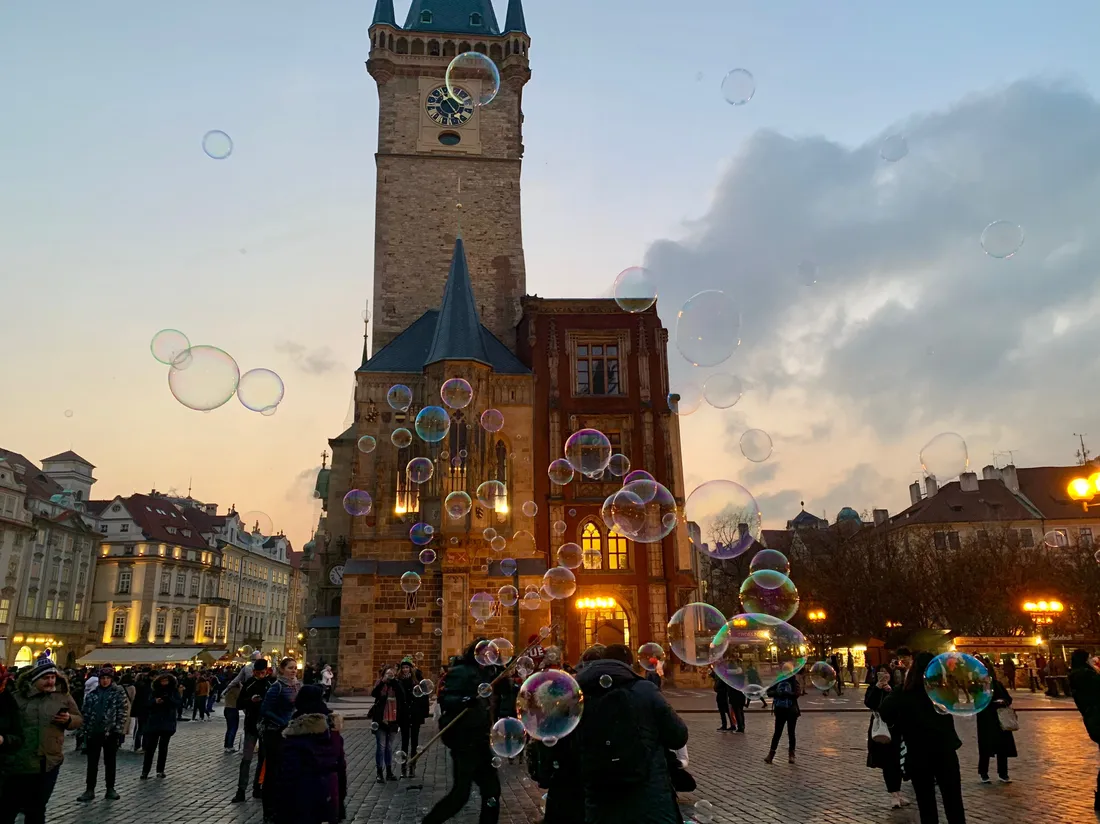 Bubbles in the air on the streets of Prague.