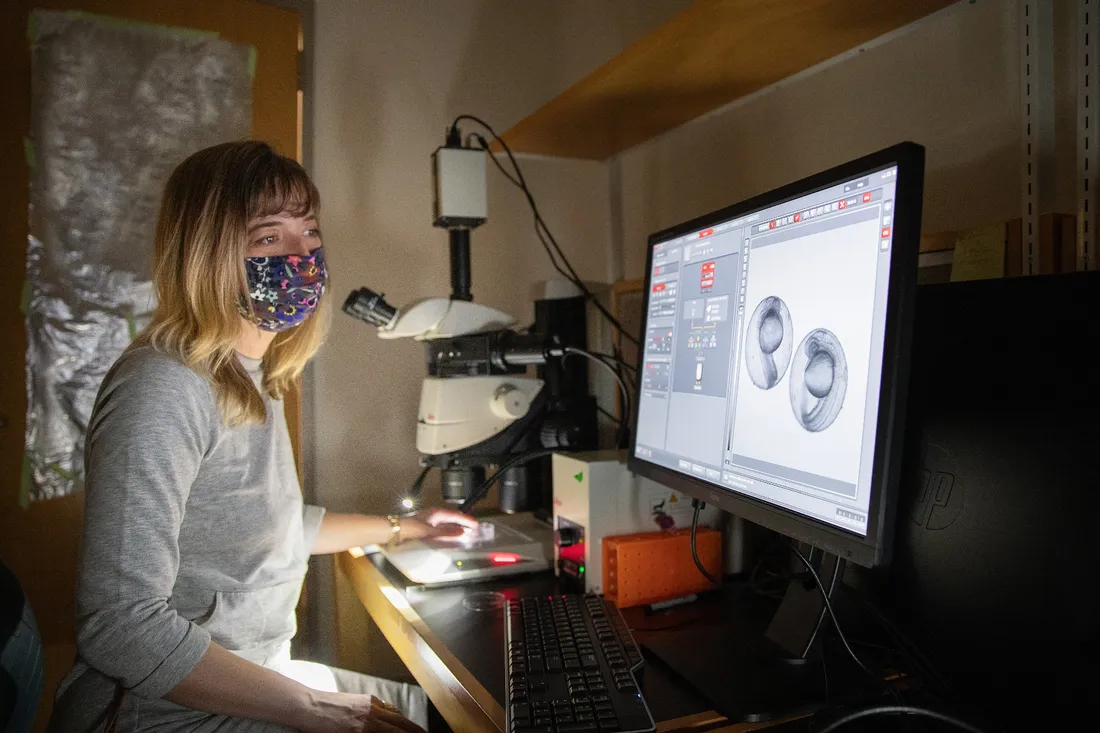 Heidi Hehnly working on a desktop computer with black and white images on the screen.