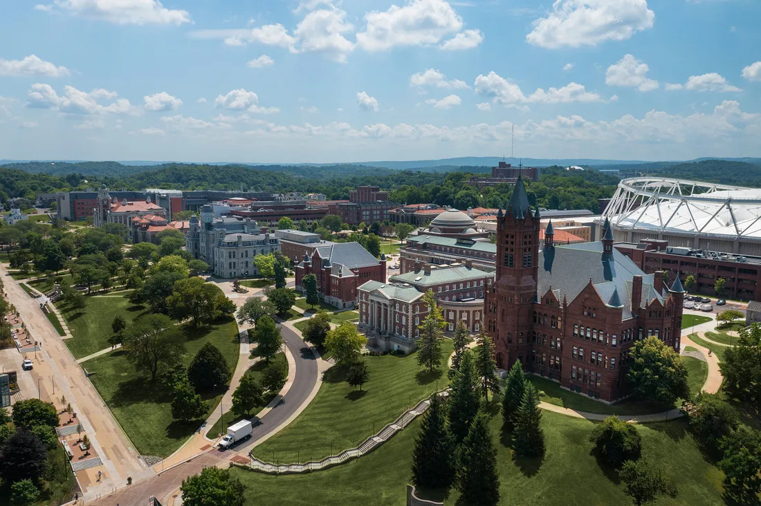 A drone image of campus.