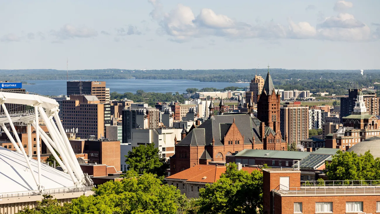 Drone shot overlooking the City of Syracuse and Syracuse University.