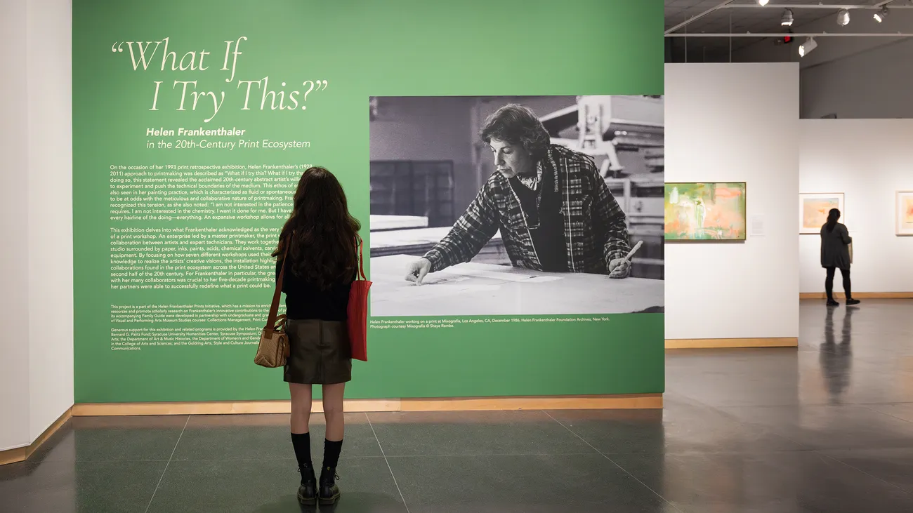 Person looking at a Helen Frankenthaller picture and quote in a museum.