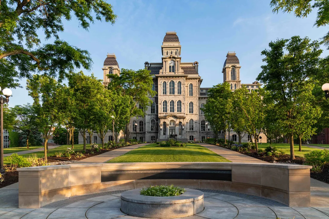 The exterior of the Hall of Languages building in the summer.