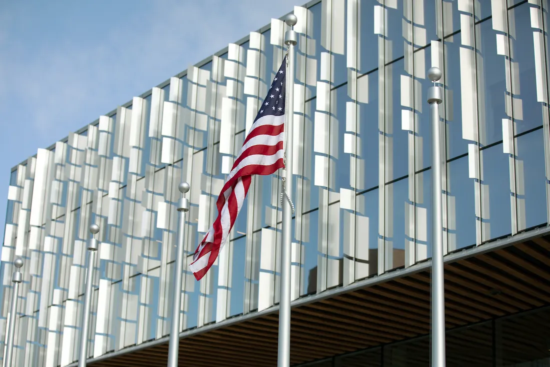 National Veterans Resource Center building with American flag.