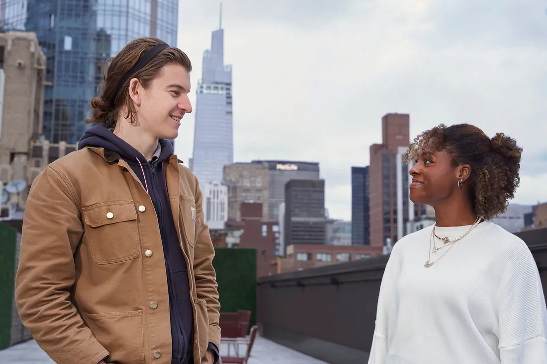 Students talking in New York City.