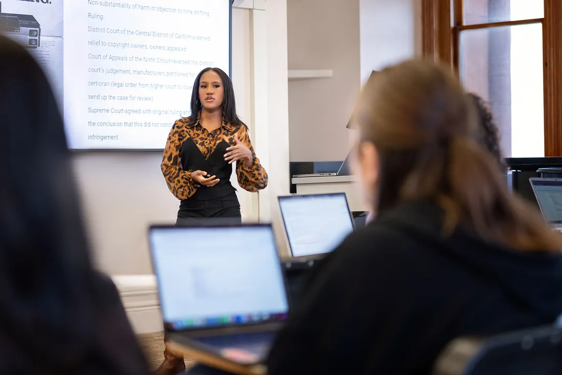 Student Gabrielle Pinkney speaking in a music law class.