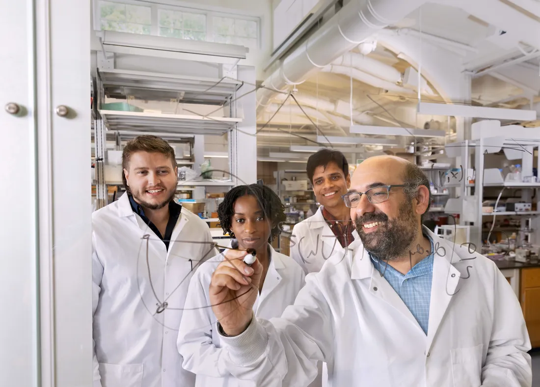 Zachary Geffert, Anna-Blessing Merife and Pranav Soman observing Chris Santangelo write a math formula on a board in a lab.