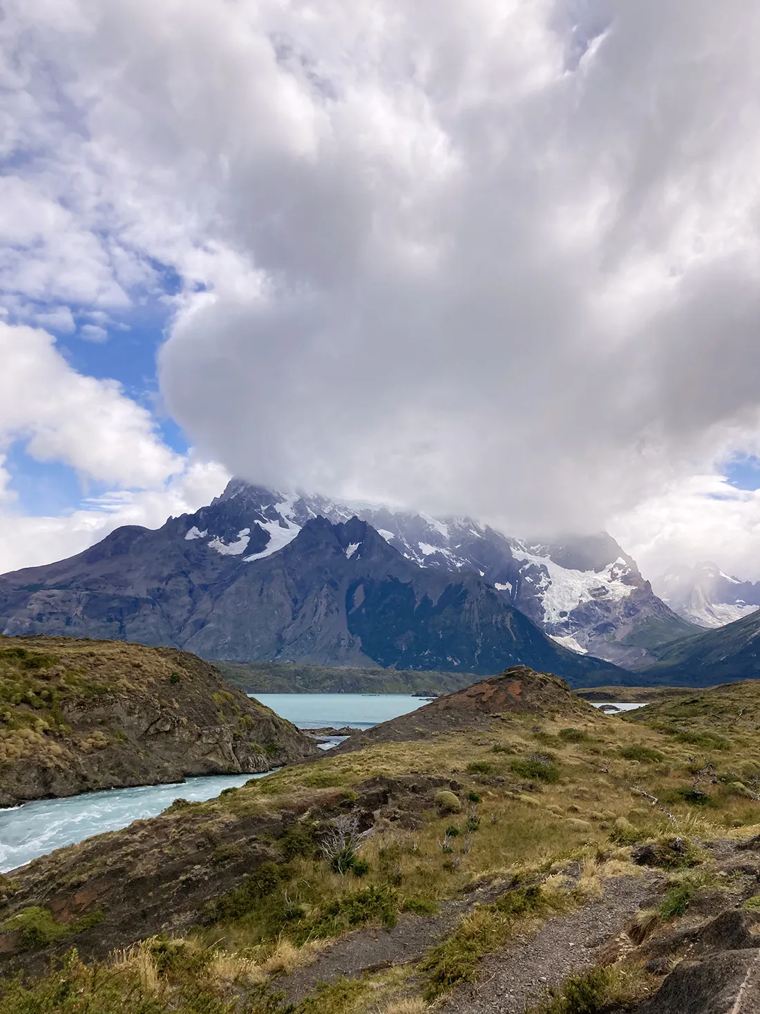 Scenic imagery of mountain and glacier in Chile.