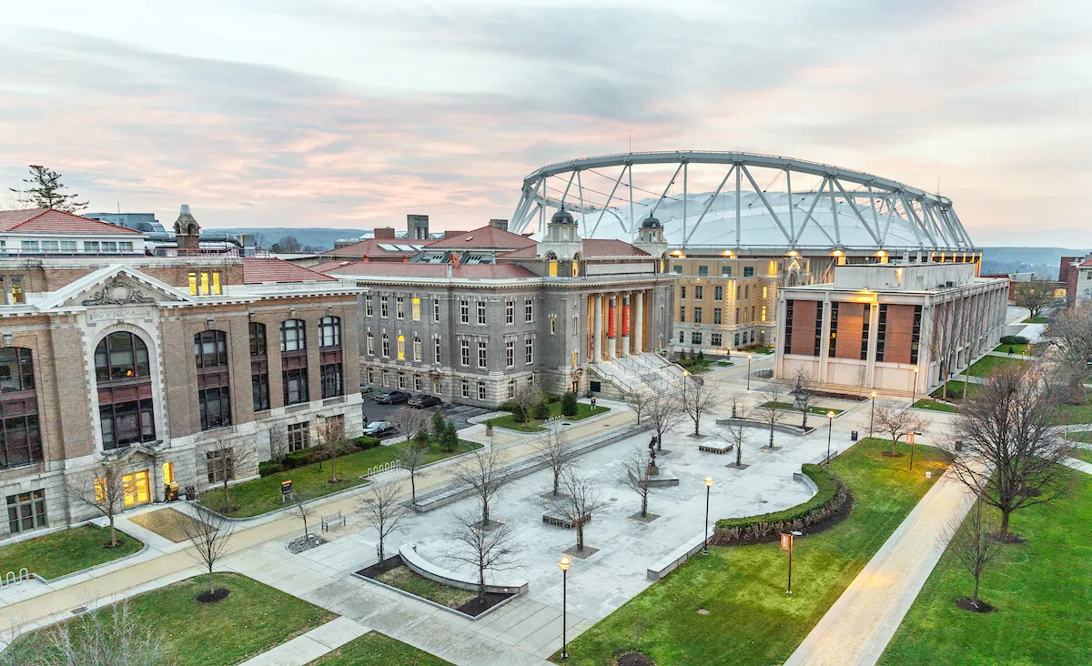 JMA Wireless Dome in the background of Syracuse university in fall.