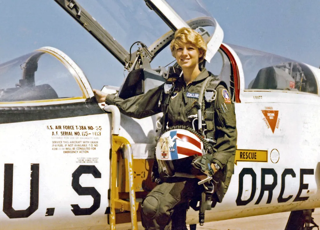 Photo of Eileen Collins with her T-38 plane.