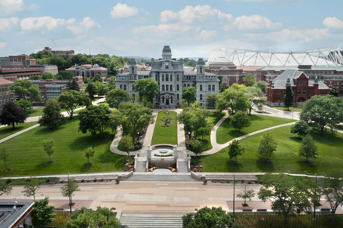 Aerial view of campus in the summer.