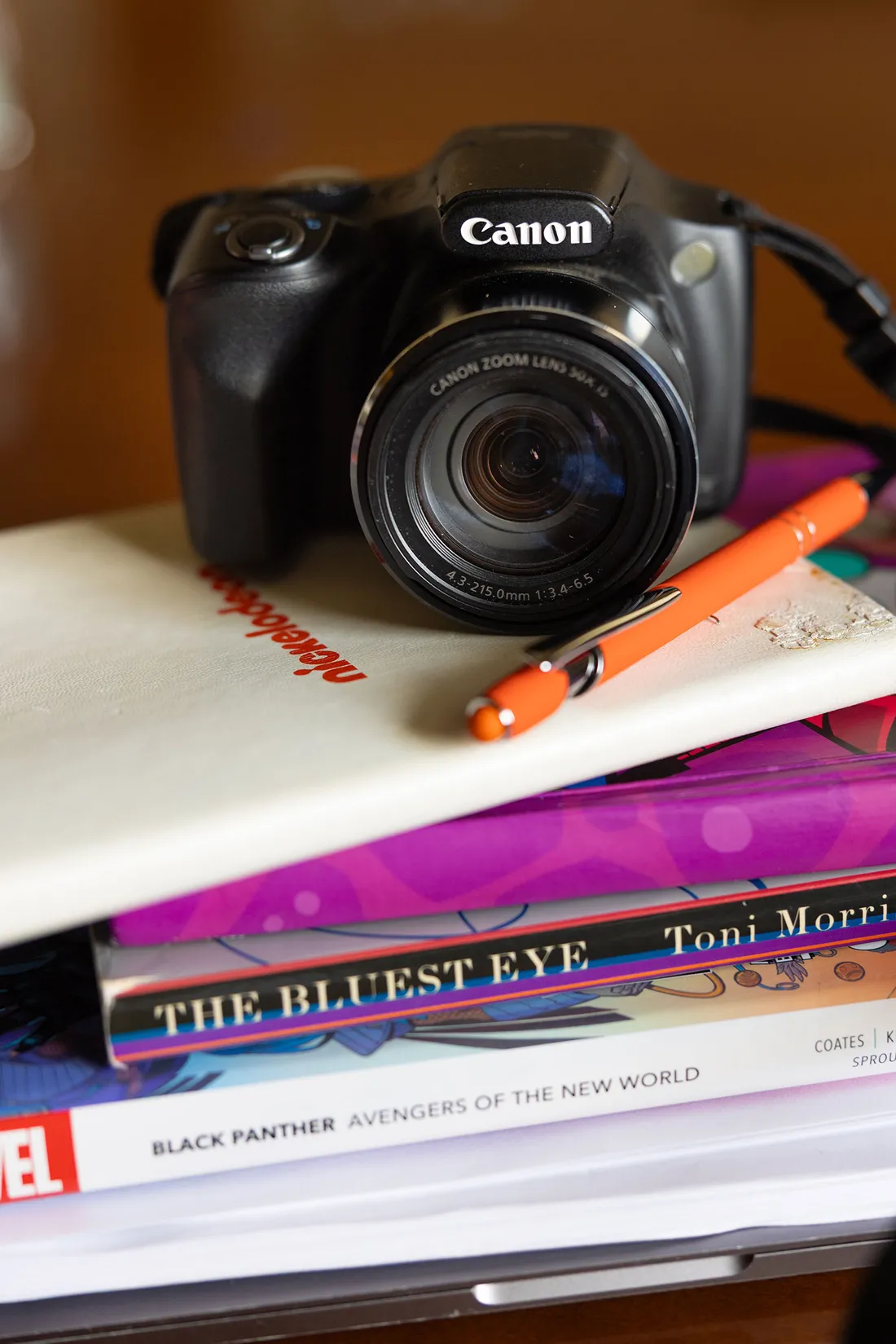 A camera sitting on top of books.