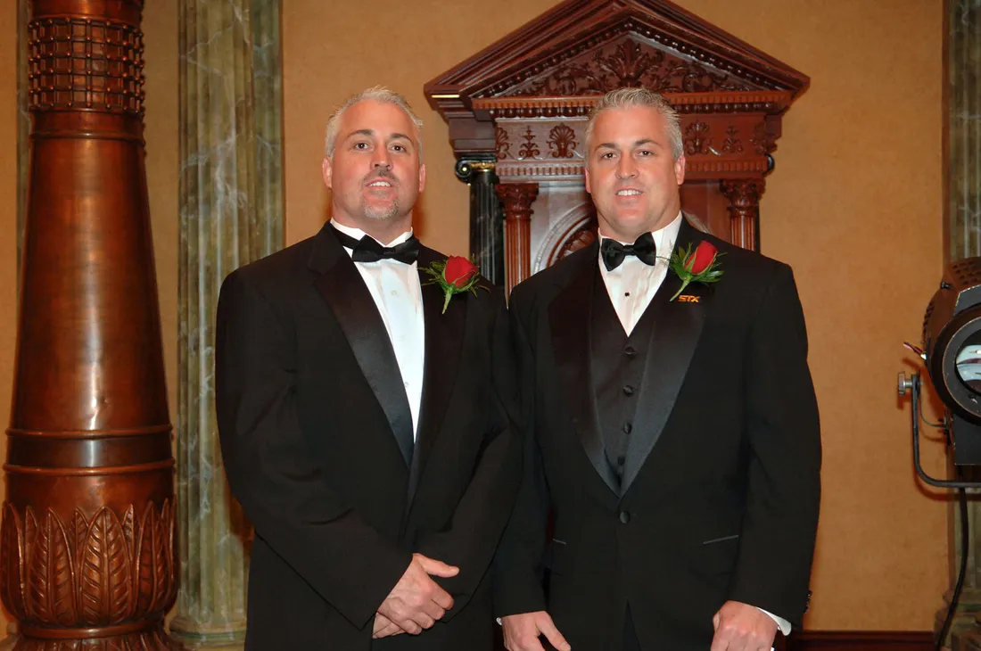 Gary Gait and his brother in tuxedos.