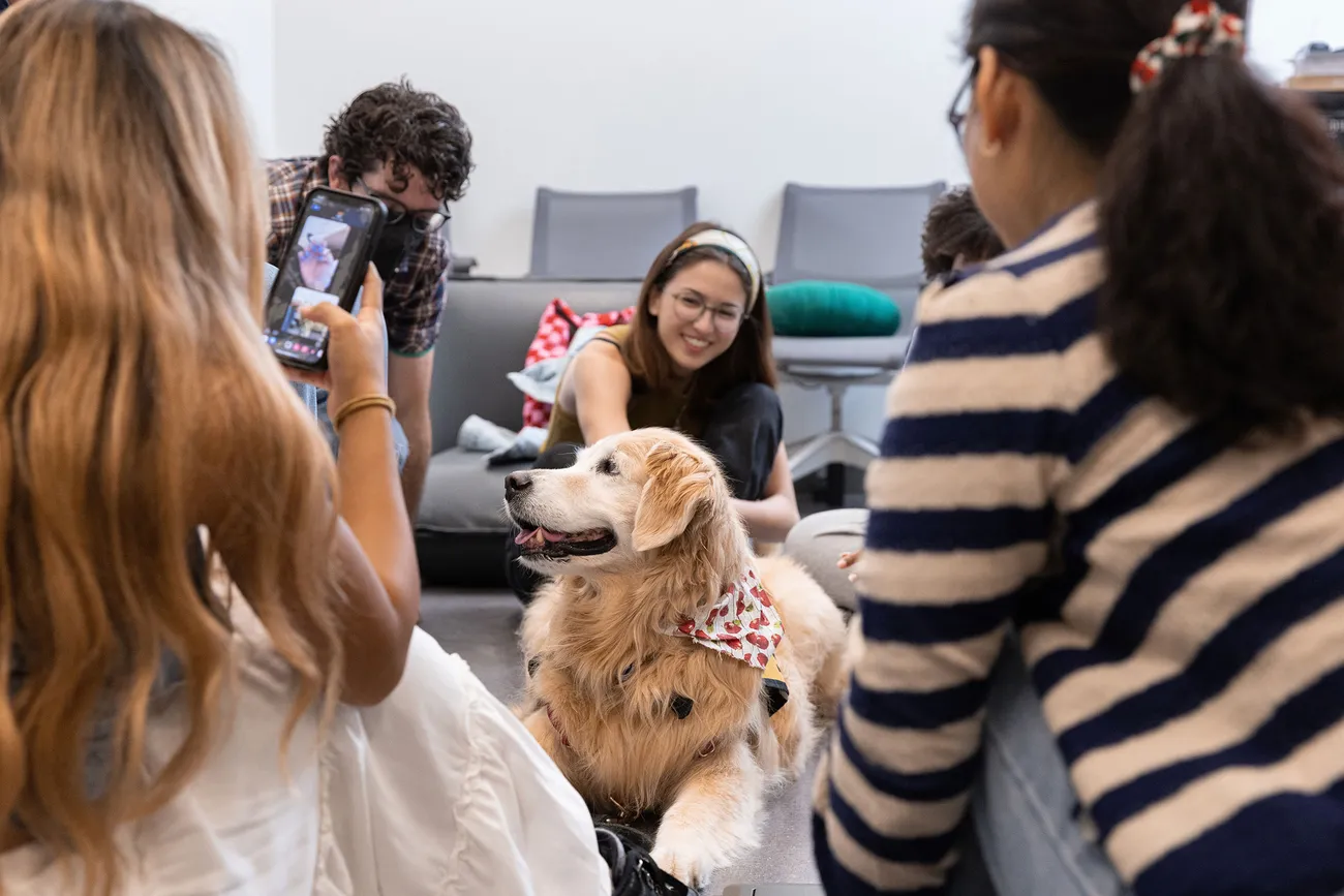 Students participate in Pet Therapy at the Barnes Center at The Arch.