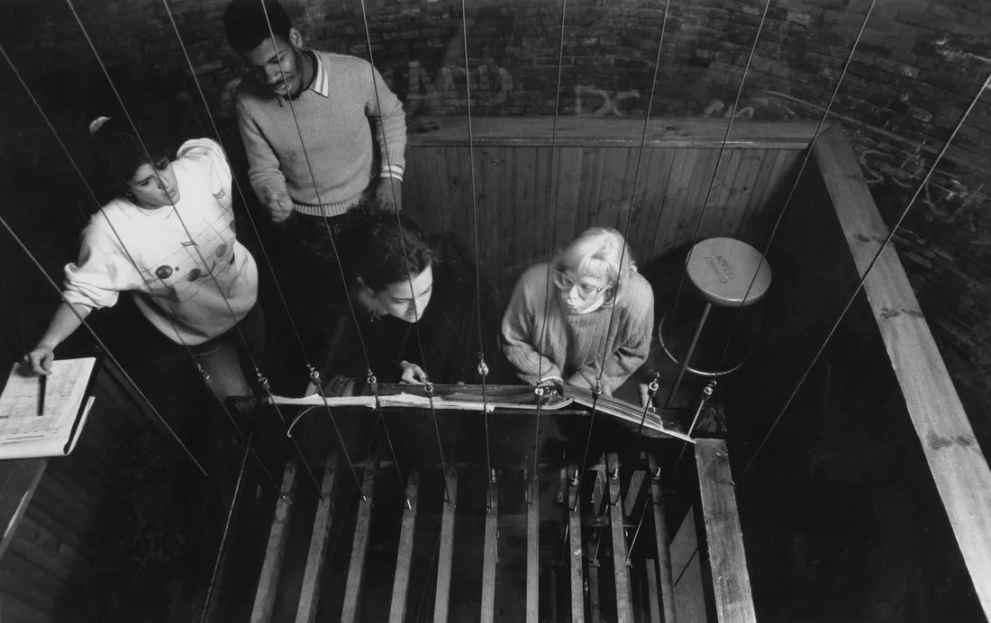 Vintage photo of students in the belfry of crouse college