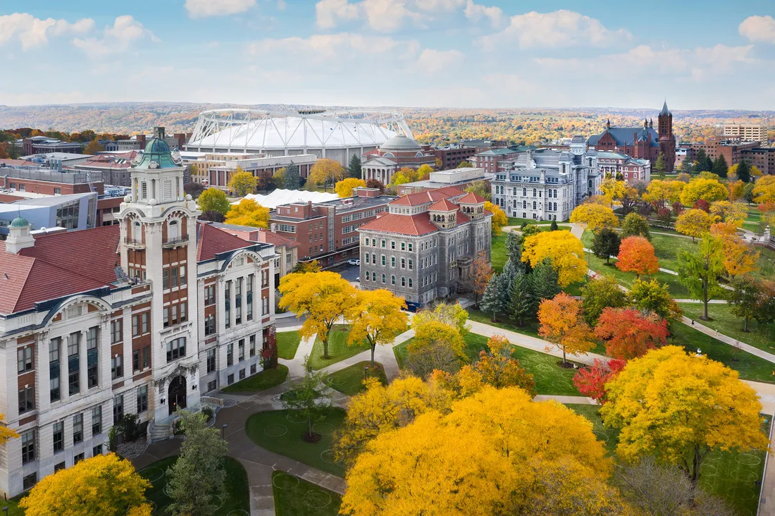 Aerial view of Syracuse University campus in the fall.