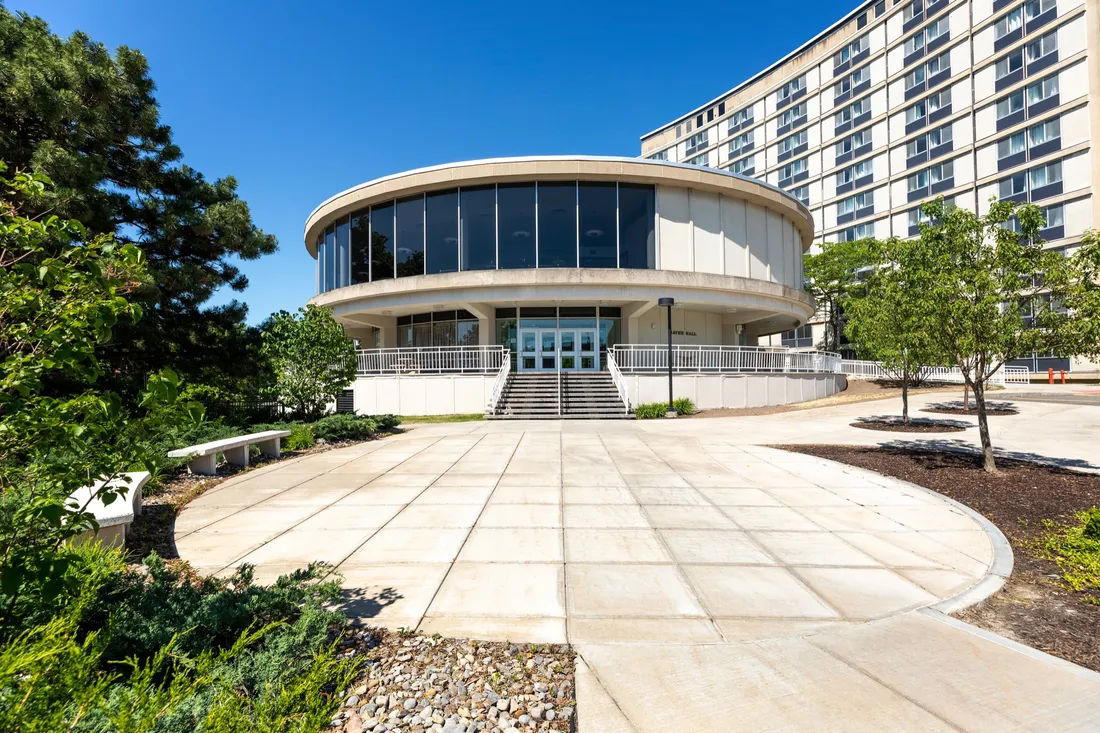 Outdoor fisheye shot of Haven Hall.