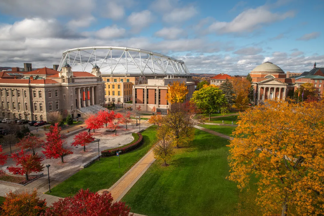 A drone image of Syracuse University's campus.