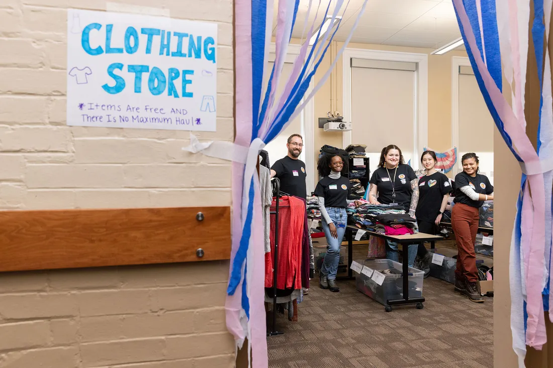 The outside of the free clothing store on Trans Support Day.