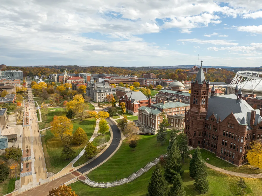 Aerial view of campus in the fall.