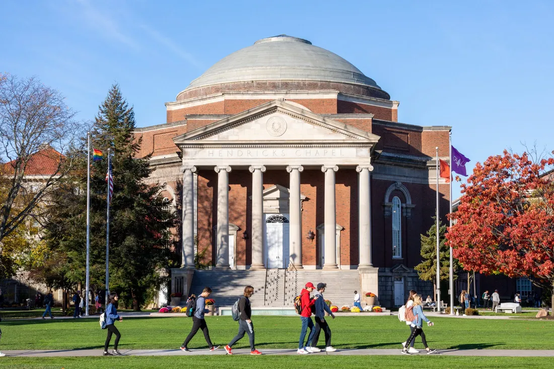 Students walking outside of Hendricks Chapel.