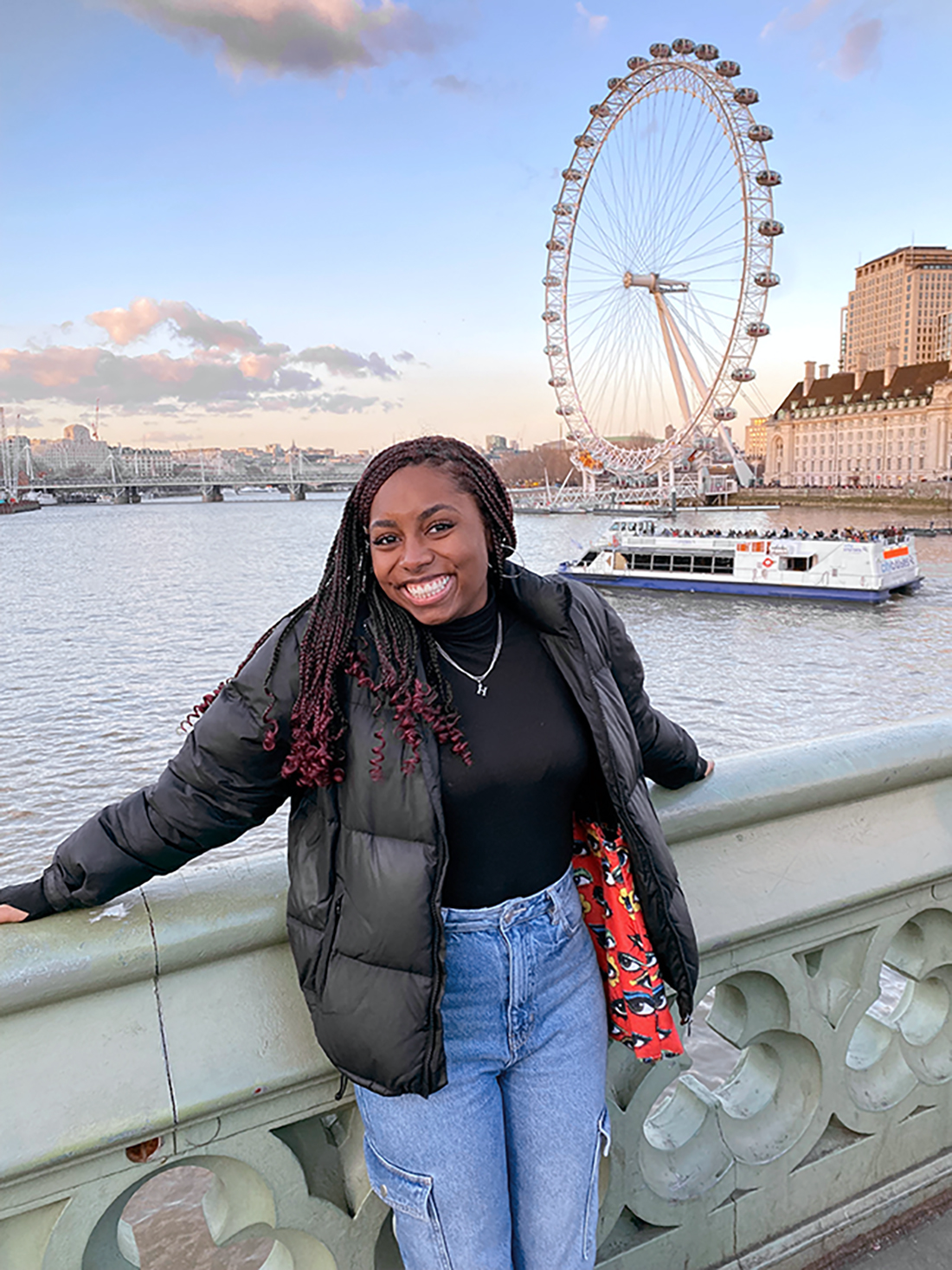 Hailey Williams in front of London Eye.
