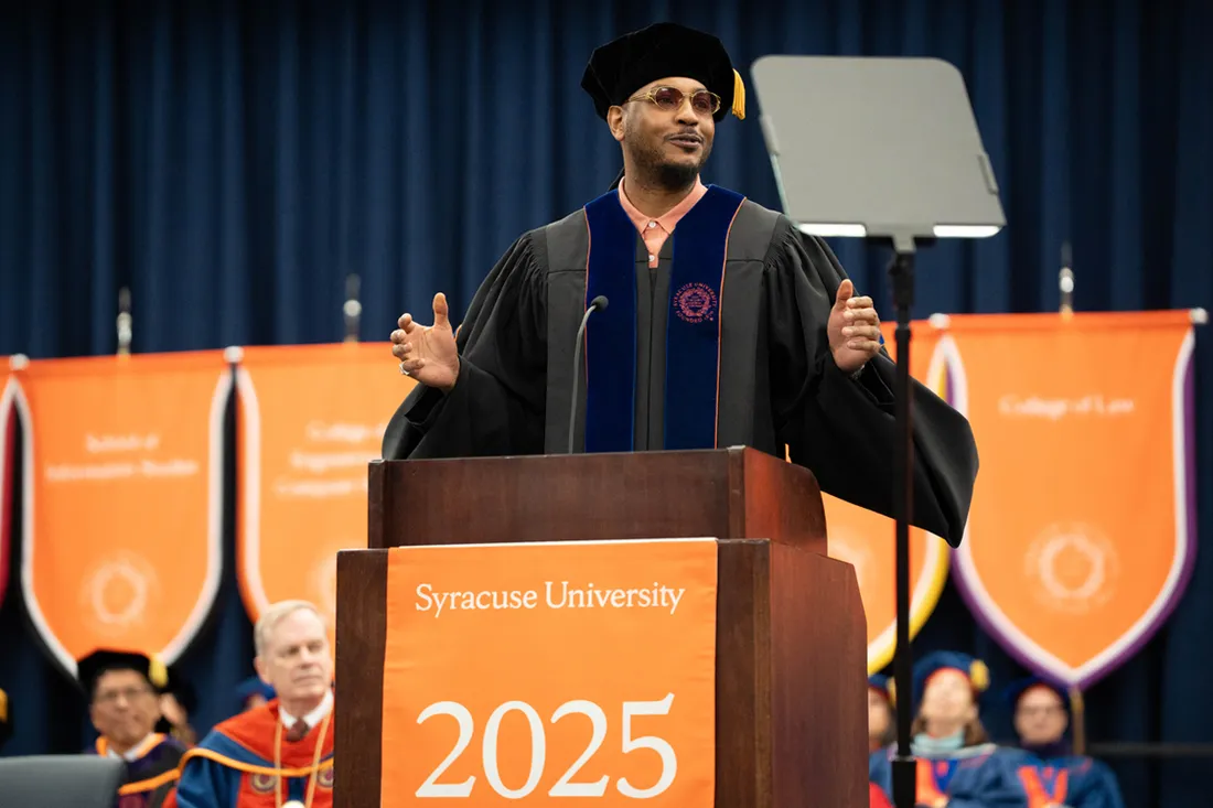 Carmelo Anthony speaking at 2025 Commencement.